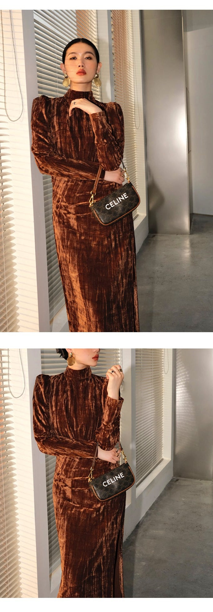 Vintage Retro highend half Turtleneck Side Slit Velvet dress - Kibeds cocoa brown