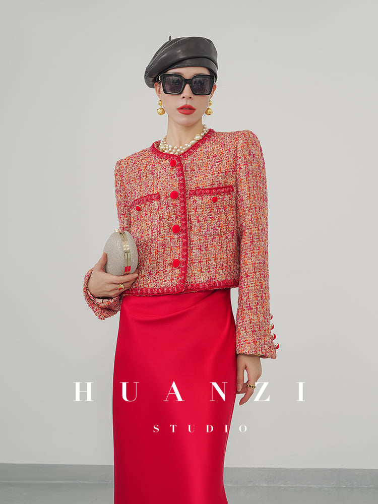 Huanzi custom 2022 autumn and winter new high-definition handmade red tweed temperament lady style small fragrant wind jacket female