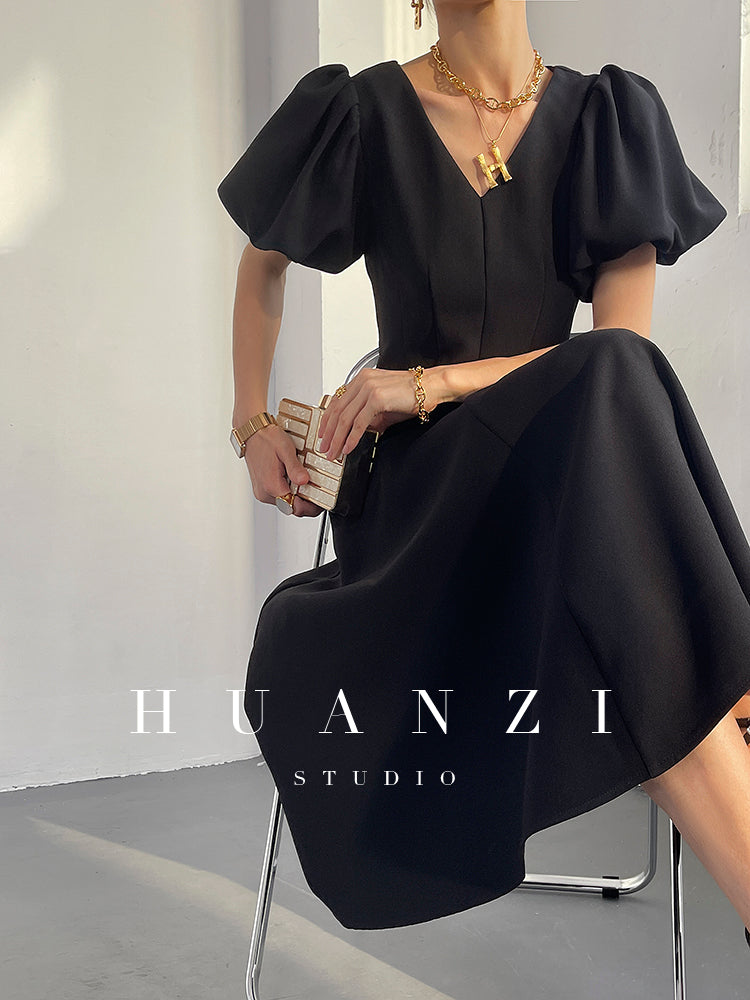 HUANZI summer V-neck dress midi puff sleeves French waist A-line dress - Narai