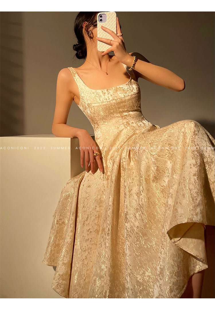 Aconiconi｜High end light luxury gilt French jacquard midi dress - Twilight