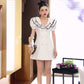 White jacquard double layered collar double breasted high waist dress- Gret