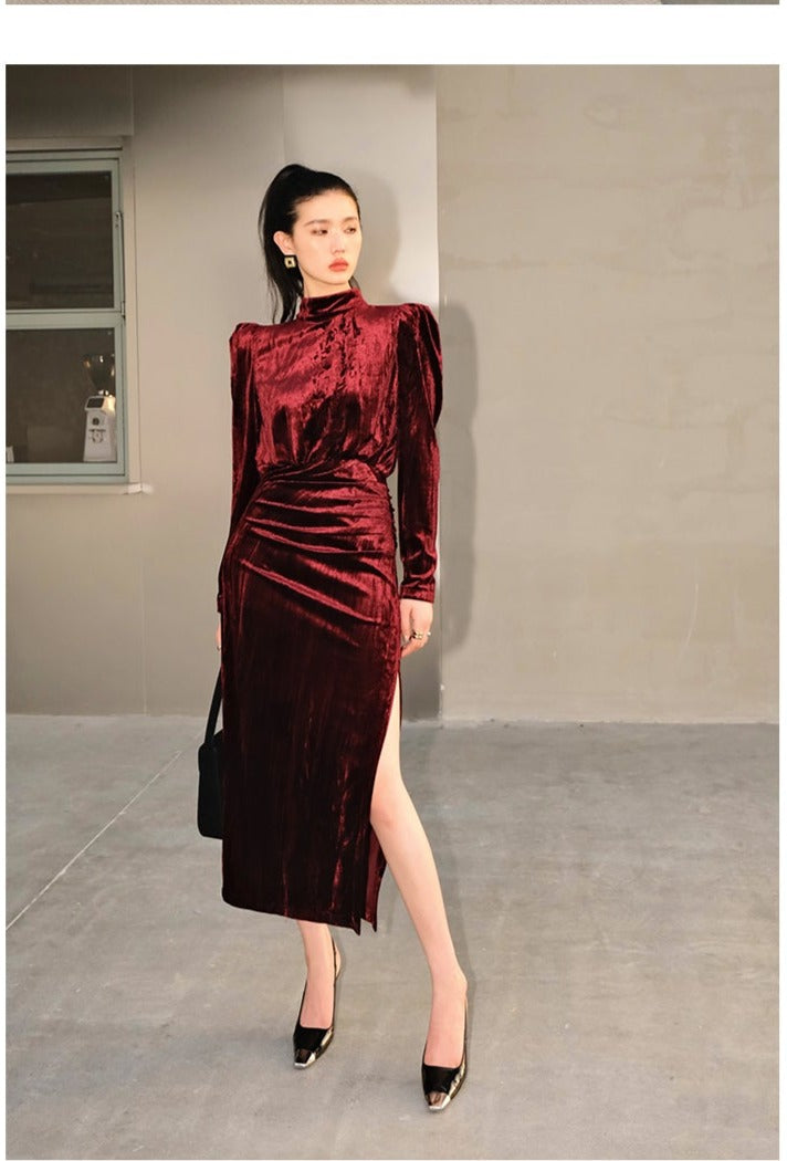 Vintage Retro highend half Turtleneck Side Slit Velvet dress - Kibeds Nissl Red