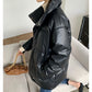 PU Leather down jacket winter 90 white duck down loose jacket - Duvi black