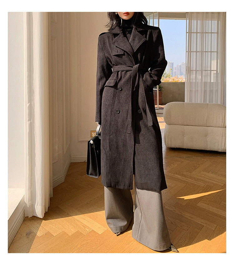 Black WANXO color stand collar corduroy coat new loose medium and long woolen coat- Sala
