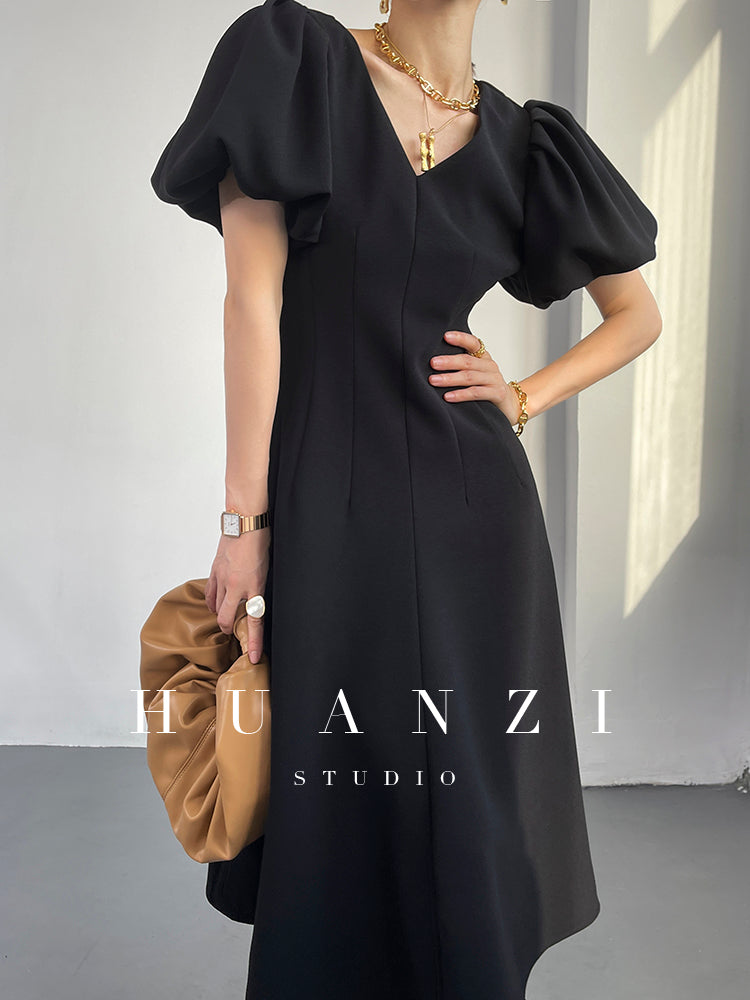 HUANZI summer V-neck dress midi puff sleeves French waist A-line dress - Narai