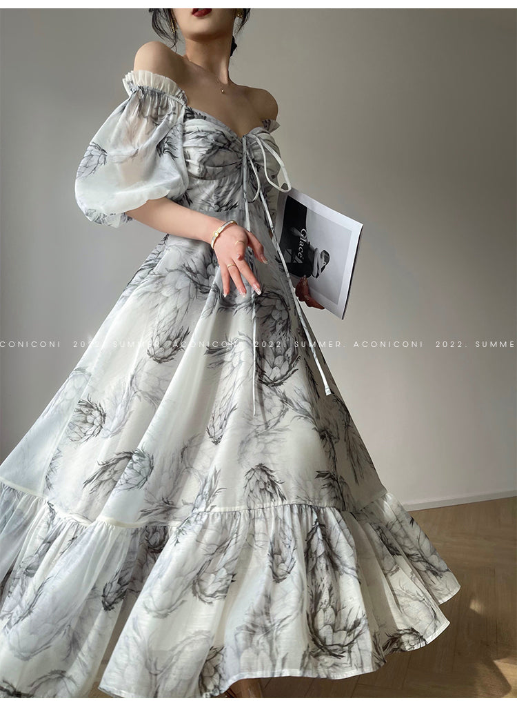 Aconiconi｜ high-end French ink print waist long dress - Frost