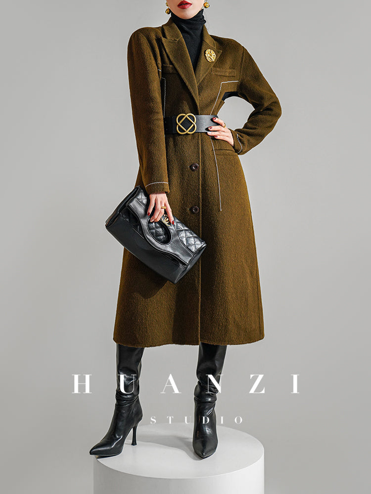 Huanzi  new high-end color waist sheep wool double-sided woolen coat- JJ
