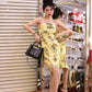 Yellow print jacquard Chinese inspired style high-end retro button coat & jacket two piece suit set - Chile