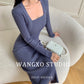 Square neck blue grey sweater knitted midi dress top - Tuliv blue