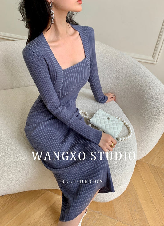 Square neck blue grey sweater knitted midi dress top - Tuliv blue