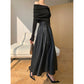 WANXO black vegan leather skirt new high waist A-line skirt umbrella skirt mid-length skirt- Riri