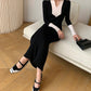 WANXO black sweater dress new design sense of contrast color slim fit mid-length bottoming knitted dress- Eliza