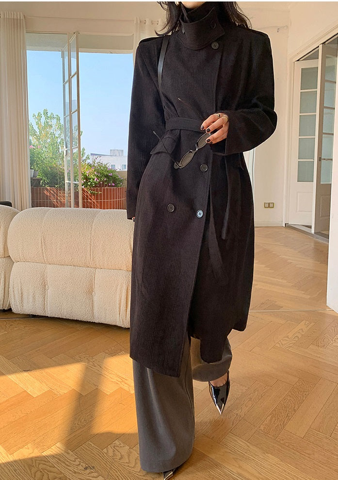 Black WANXO color stand collar corduroy coat new loose medium and long woolen coat- Sala