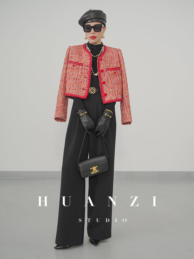 Huanzi custom 2022 autumn and winter new high-definition handmade red tweed temperament lady style small fragrant wind jacket female