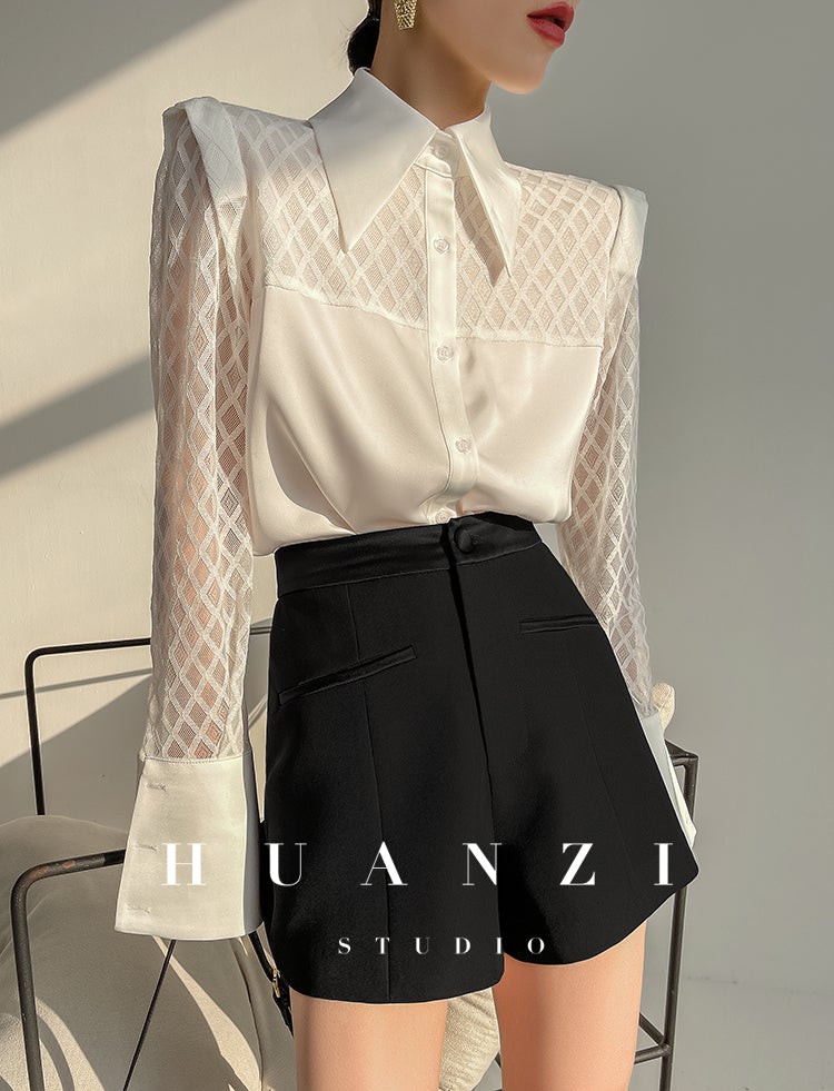 Huanzi high end custom lace plaid satin angle shoulder shirt - Bisrs Silky Black