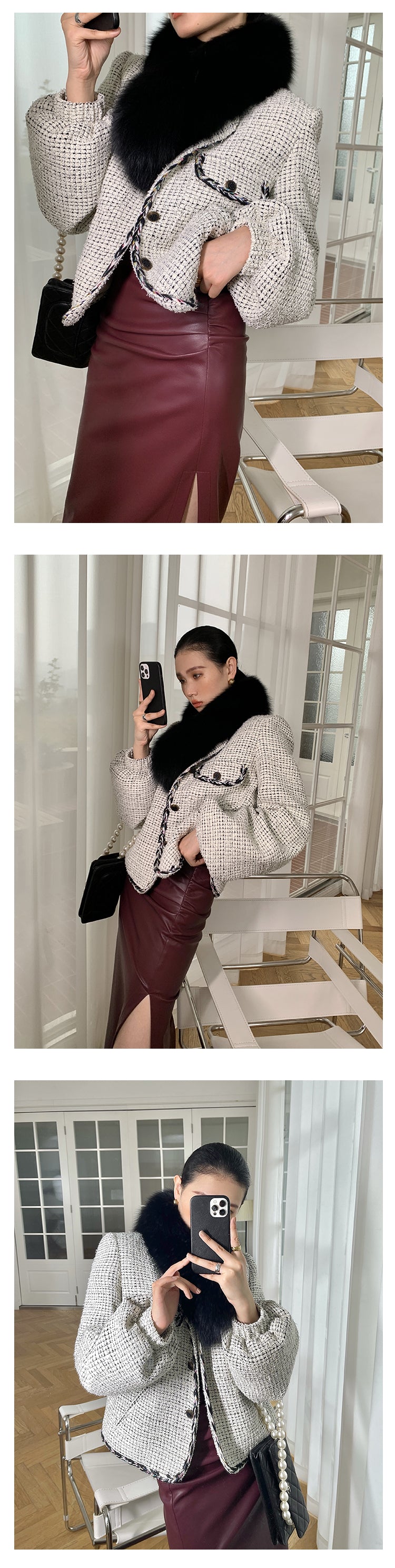 High end luxury thick quilted lock edge contrast short coat high waist wide leg pants suit -Oliiet