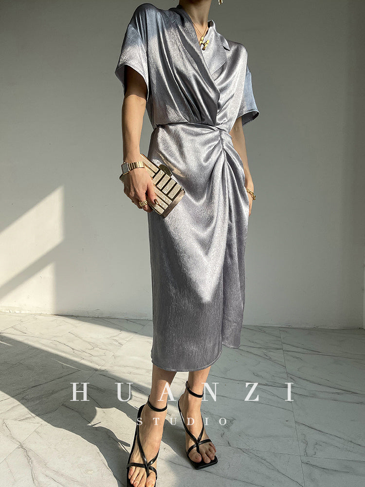 HUANZI custom designer high-end glossy silky elegant dress -Diana