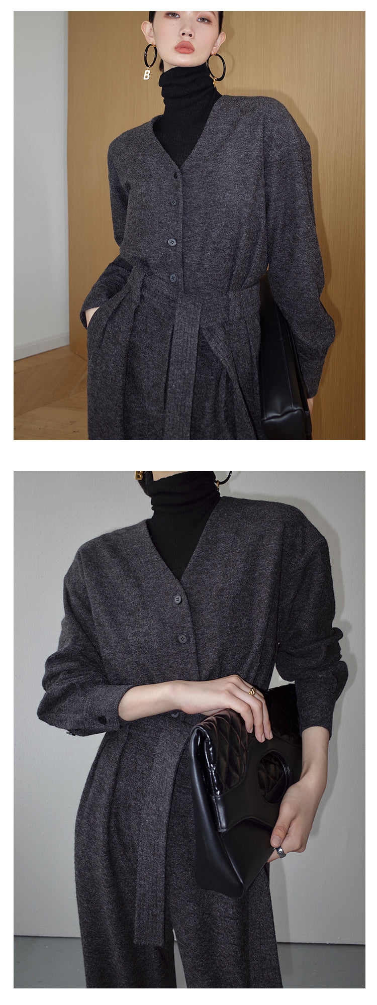 V-neck knitted wool drape wide-leg trouser jumpsuit - Mopai