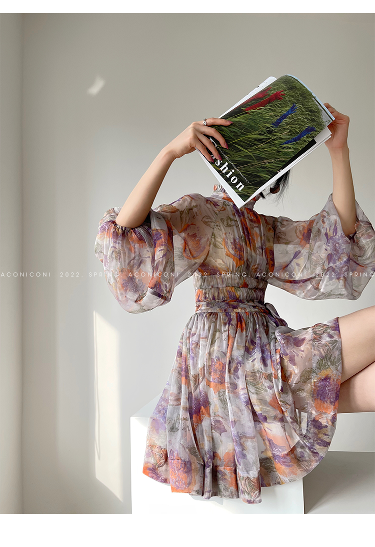 Aconiconi｜retro French print lantern sleeve short summer dress - Hanashima