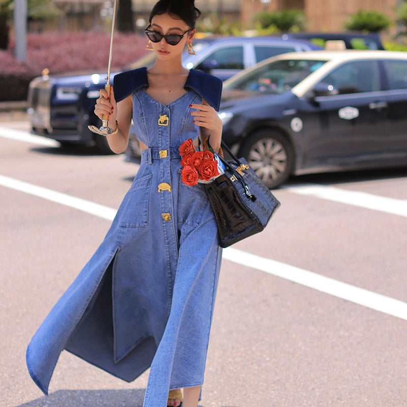 Elegant denim large lapel collar, cut-out waist summer slit long jean denim dress