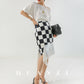 Huanzi custom triacetic acid silk checkerboard irregular black and white skirt - Rota