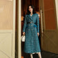 Lady's luxury high-end retro big peacock blue splicing bright silk design wool long coat- Jessy