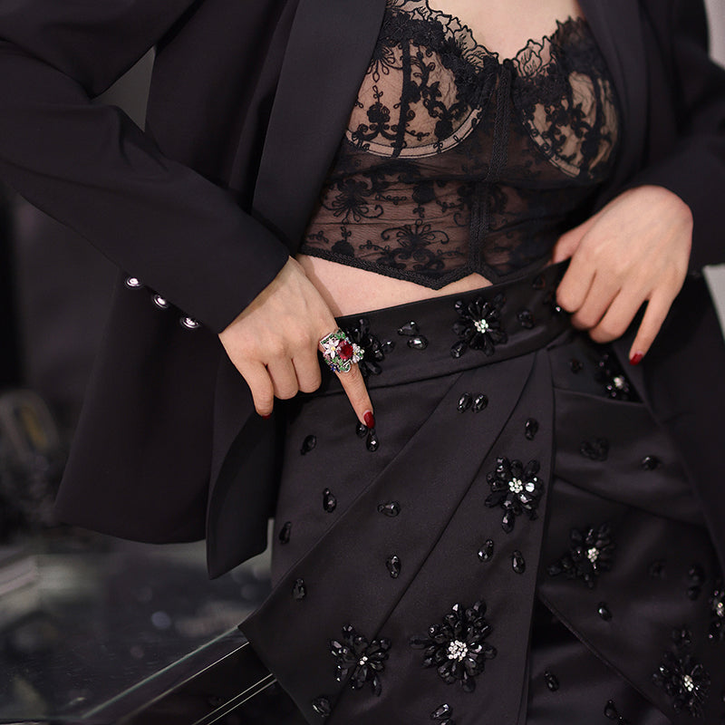 Handmade Be-jeweled stone diamonds cocktail high-waisted short black skirt