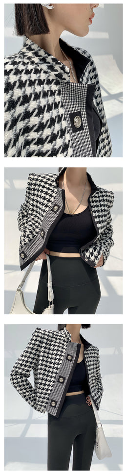 High end stand collar woolen classic houndstooth top coat jacket blaze ...