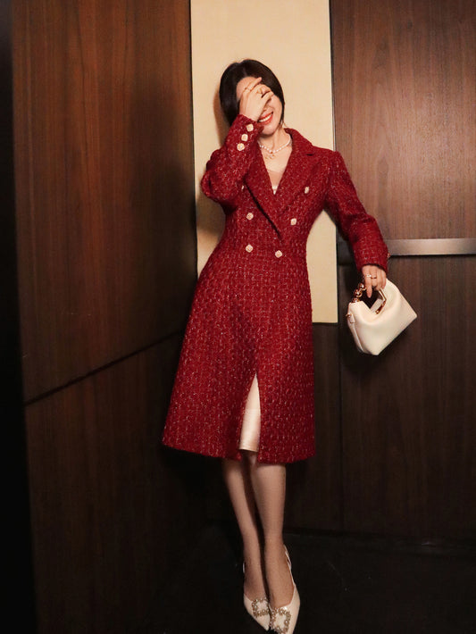 French retro wine red elegant modern bright light luxury waist modern mid-length coat jacket= Dora