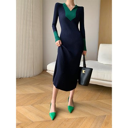 WANXO black sweater dress new design sense of contrast color slim fit ORUMATORU WANXO black sweater dress new design sense of contrast color slim fit ORUMATORU