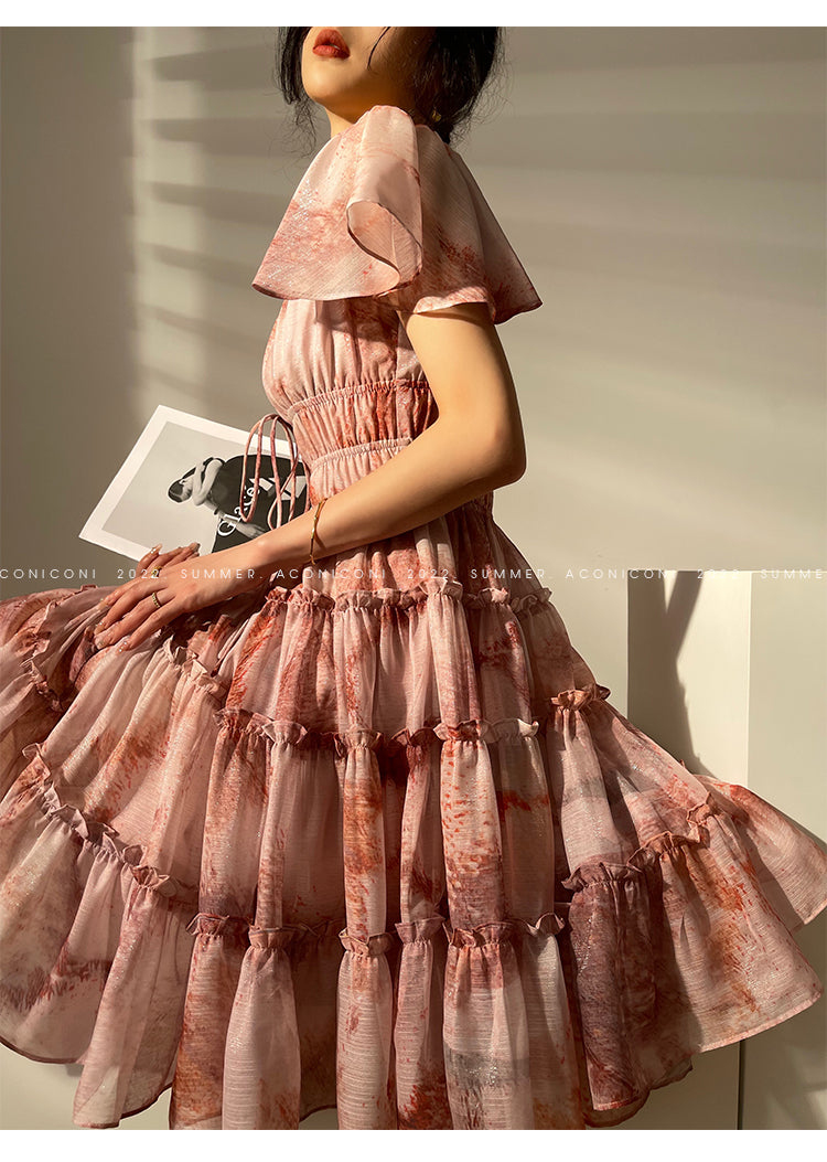 Aconiconi｜Fireworks French Print High end Design flowy floral Dress - Atami