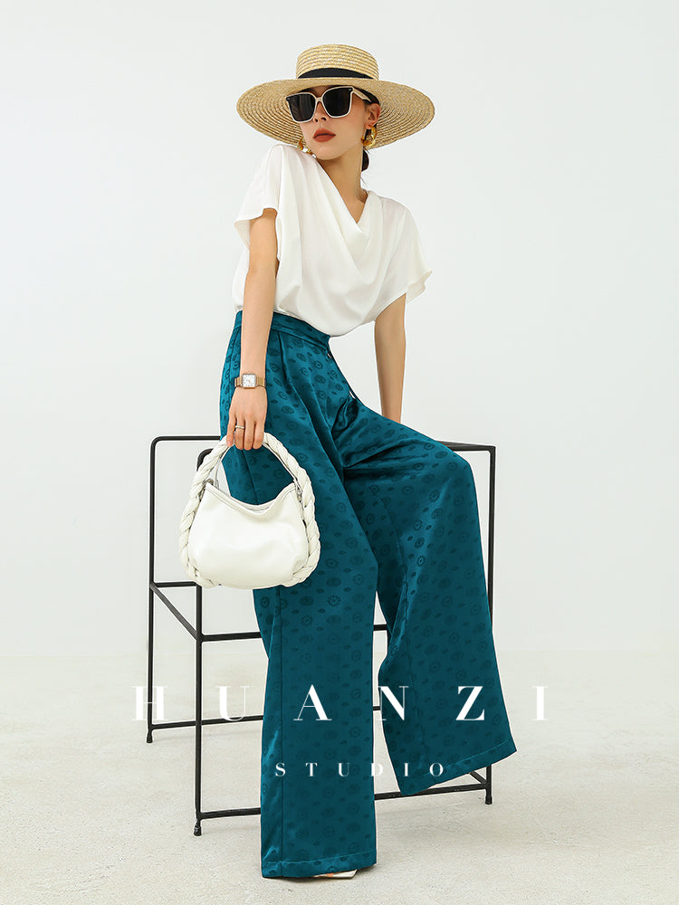 Huanzi luxury high-end silky drape blue high-waisted wide-leg pants - Anna