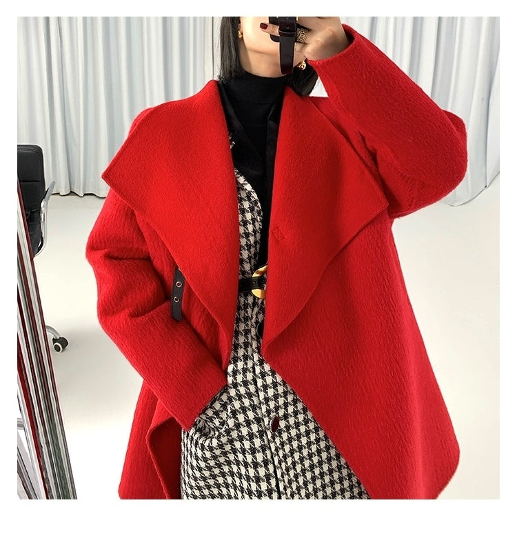 WANXO female double-sided Alpaca long-haired large lapel woolen mid-length coat - Lara