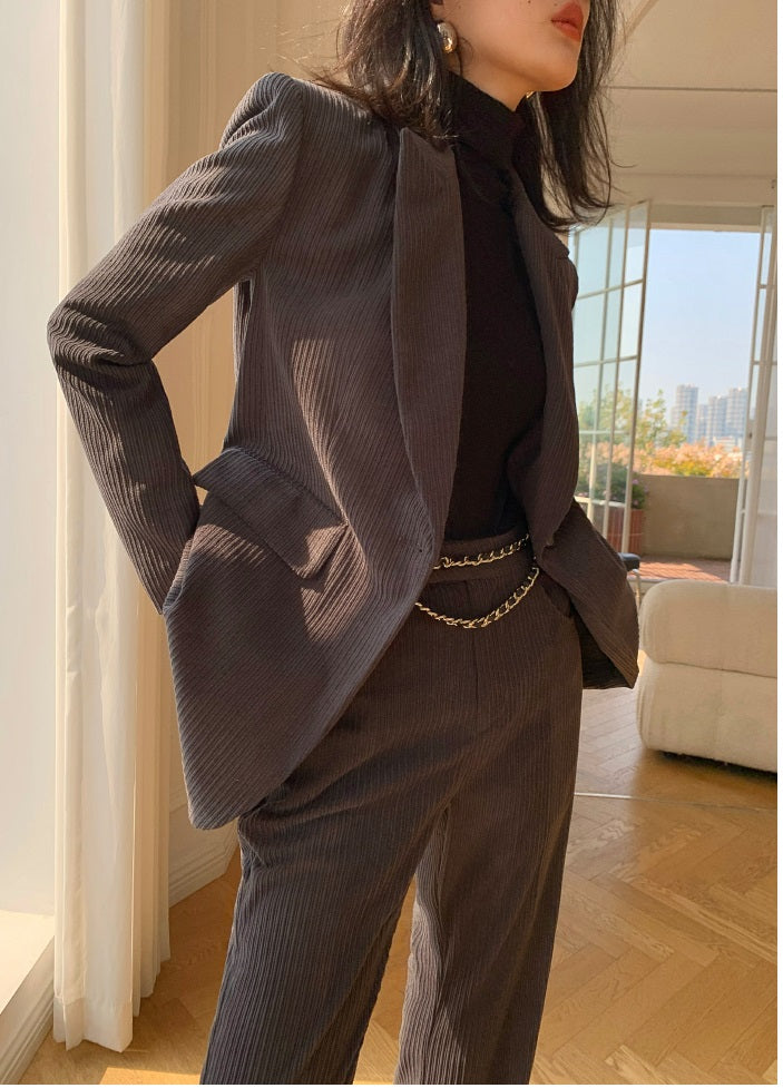 Gray WANXO retro corduroy two-piece suit new suit jacket high waist casual wide leg pants- Orfara