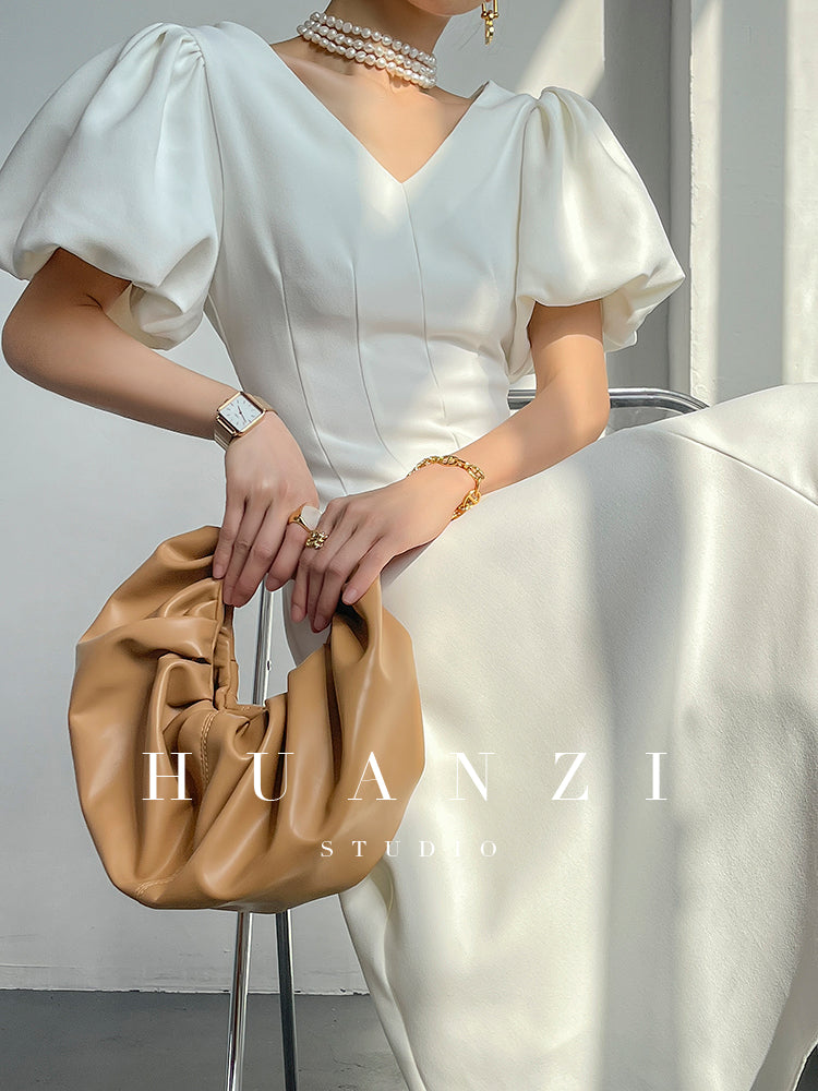 HUANZI summer V-neck dress midi puff sleeves French waist A-line dress - Narai