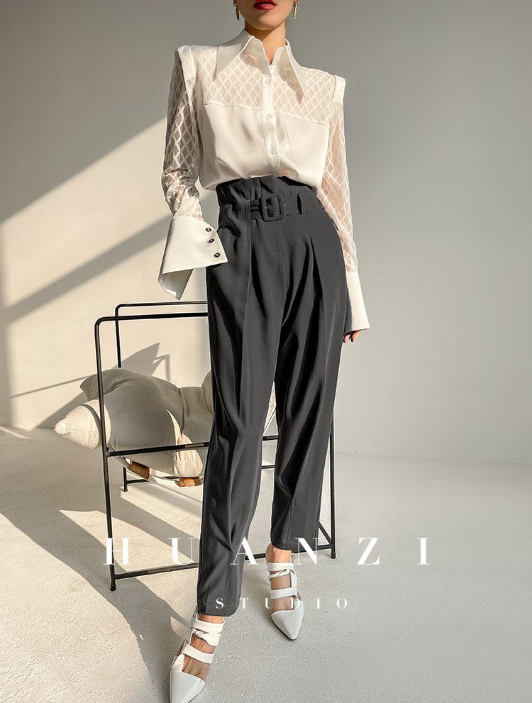 Spring summer fashion high waist loose straight belt radish pants trousers - Tima