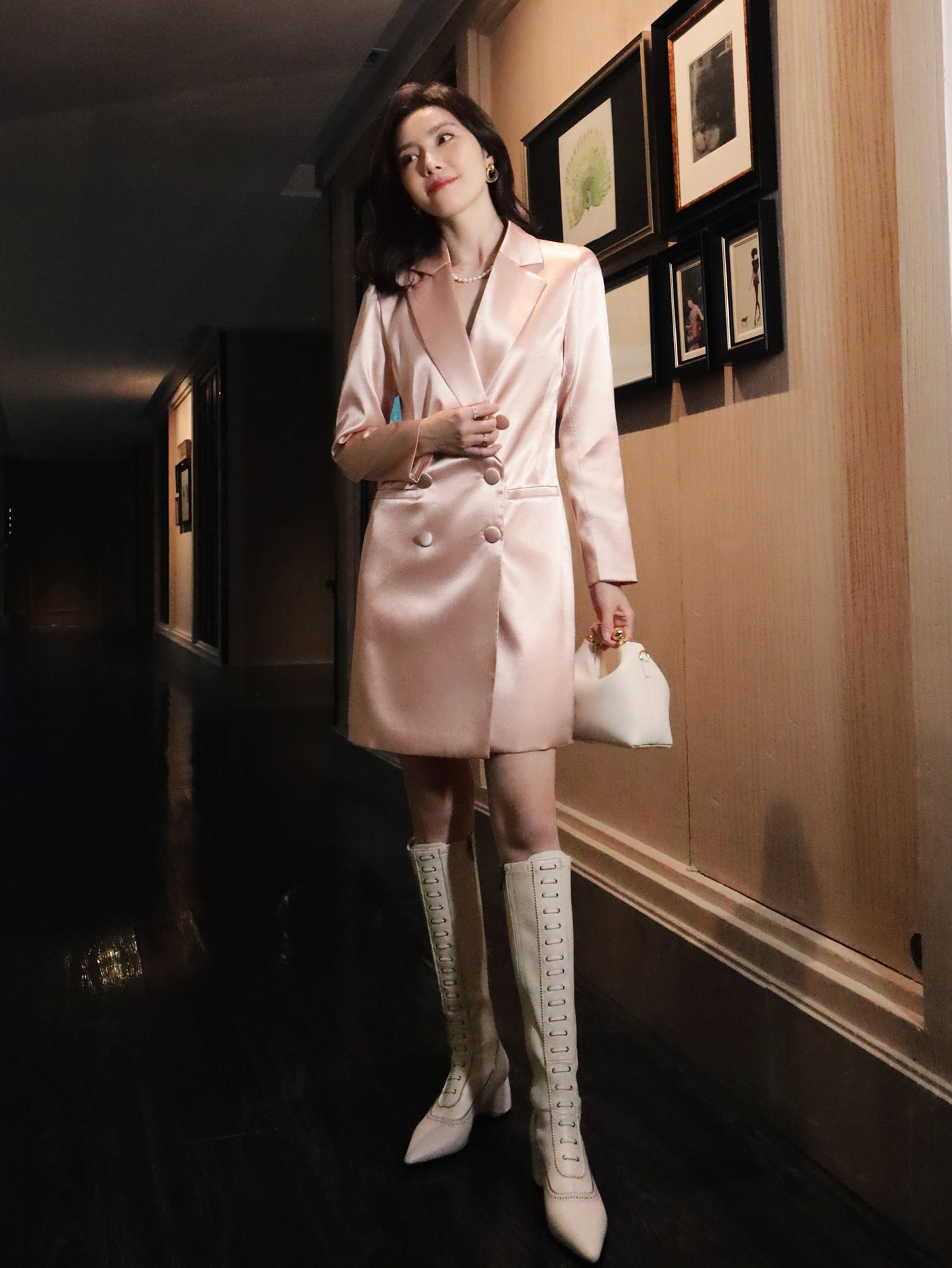 Ruisumi fashion commuting light luxury satin glossy pink suit skirt French mid-length coat- Thilia