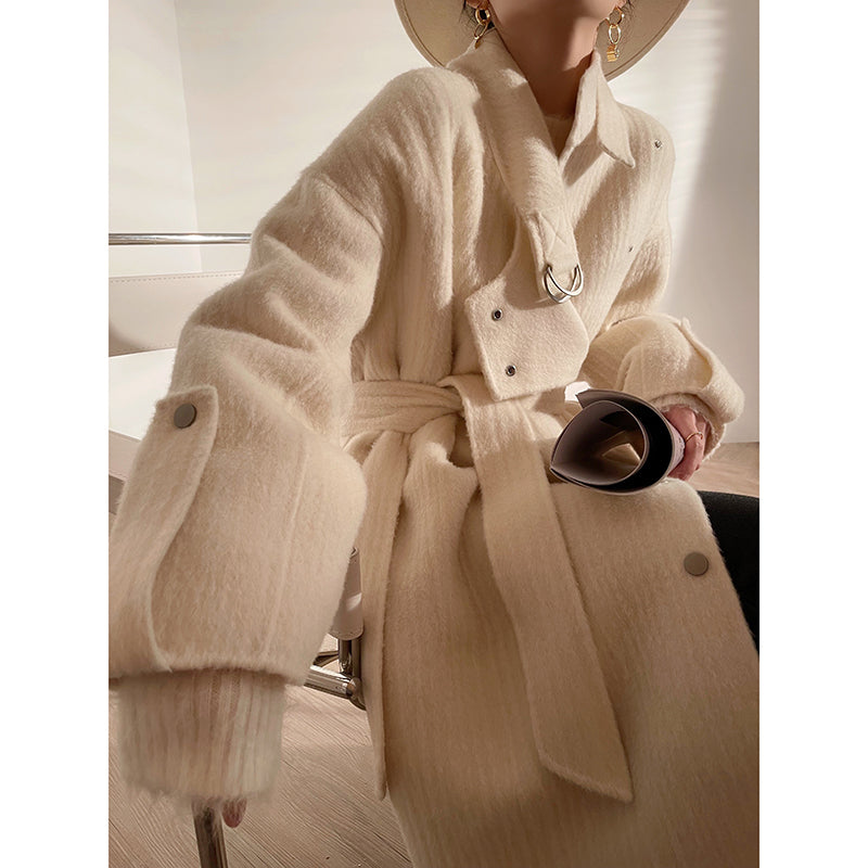 Aconiconi | Double-sided Feminine White Mid-Length wool Coat - Fuji