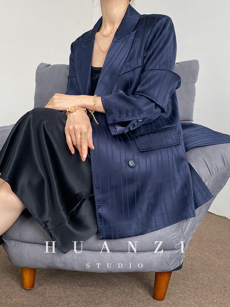 Huanzi high end tri-acetic satin drape high-end suit white silk blazer suit -Bioba