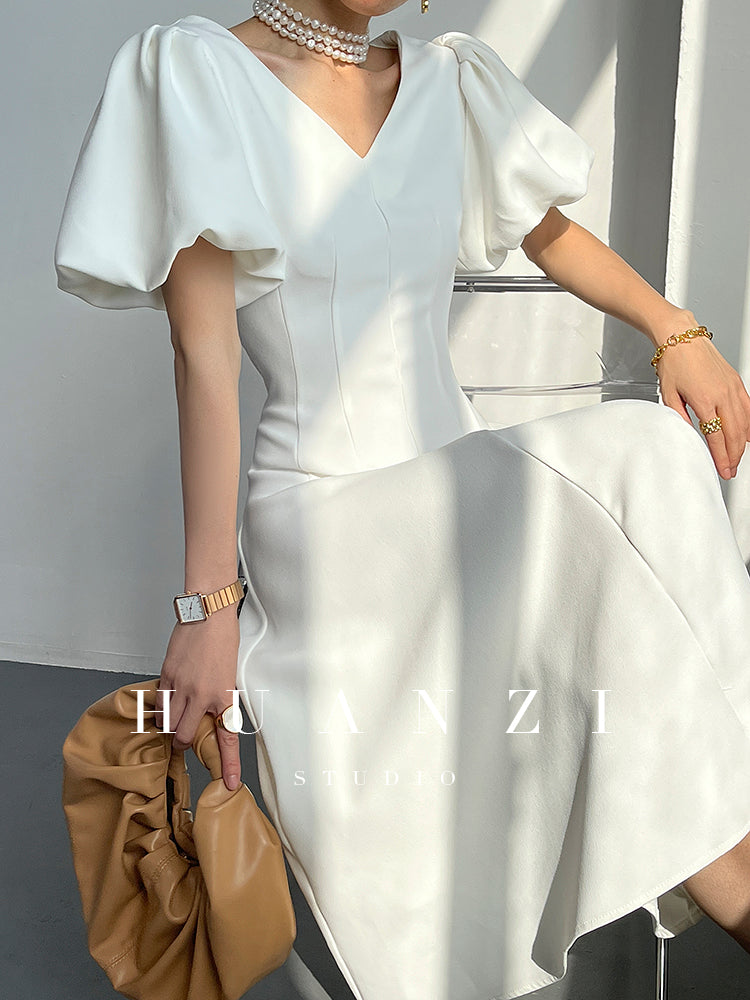 HUANZI summer V-neck dress midi puff sleeves French waist A-line dress - Narai