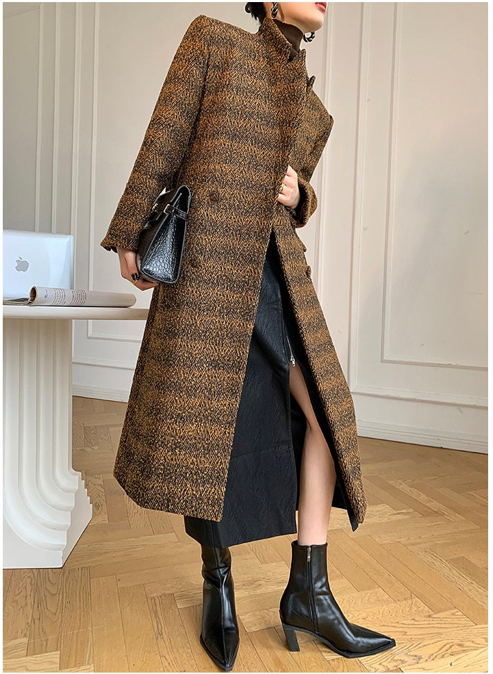 Brown WANXO coffee color herringbone quilted woolen coat new mid-length suit coat- Passion