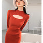 Hollow Lantern Sleeves Half Turtleneck midi knit sweater dress - keeasa red