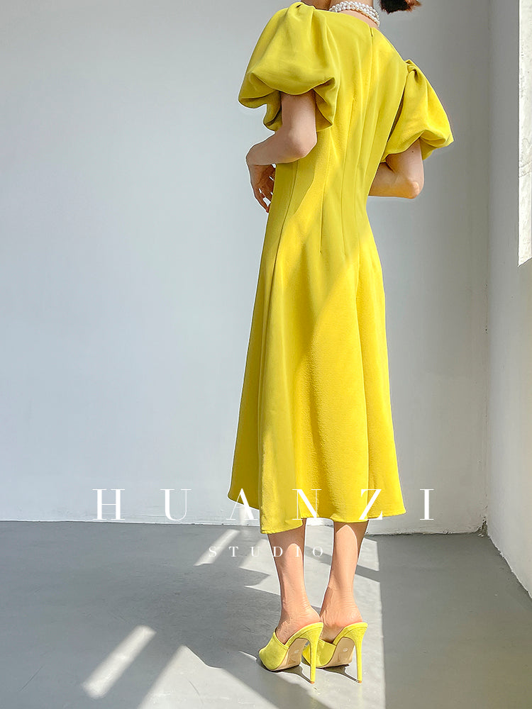 HUANZI summer V-neck dress midi puff sleeves French waist A-line dress - Narai