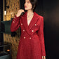 French retro wine red elegant modern bright light luxury waist modern mid-length coat jacket= Dora