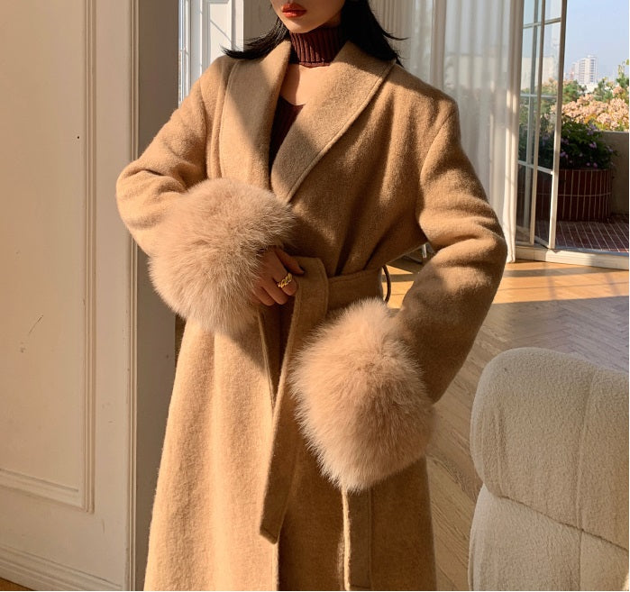 Beige WANXO vegann fur waist tie woolen coat new fashion medium and long woolen coat- Katy