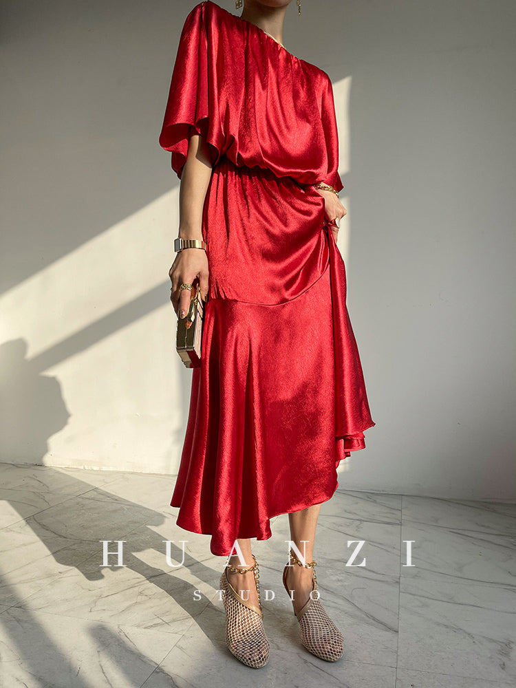 HUANZI custom designer acetic loose short-sleeved silky elegant dress -Leila Sea