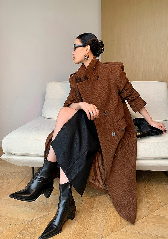WANXO coffee color stand collar corduroy coat new loose medium and long woolen coat- Sala