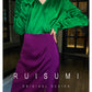 Retro jewel green V-neck shirt top + pencil slit pleated purple skirt suit set - Natu