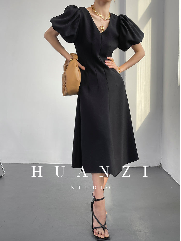 HUANZI summer V-neck dress midi puff sleeves French waist A-line dress - Narai