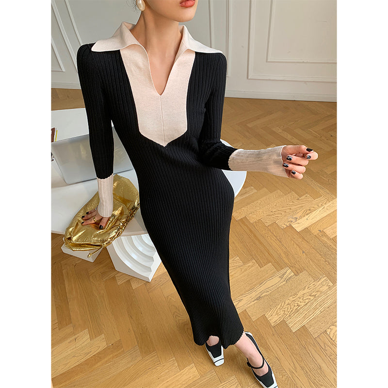 WANXO black sweater dress new design sense of contrast color slim fit ORUMATORU WANXO black sweater dress new design sense of contrast color slim fit ORUMATORU